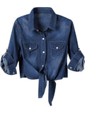 Y-R130 Women's lace up knotted mid sleeved denim short jacket