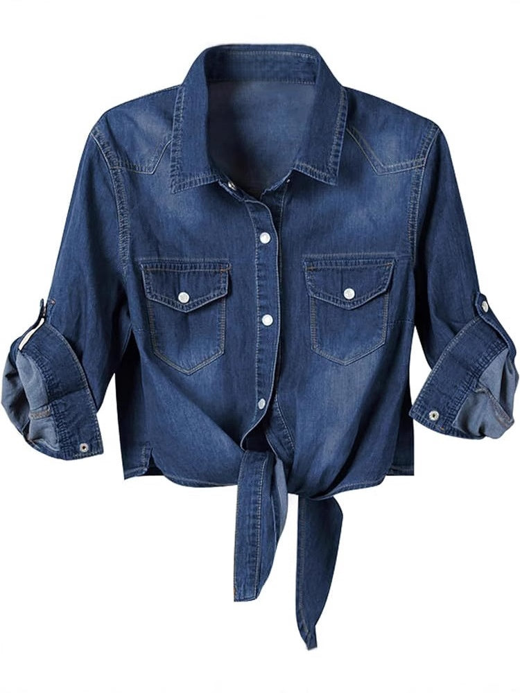 Y-R130 Women's lace up knotted mid sleeved denim short jacket
