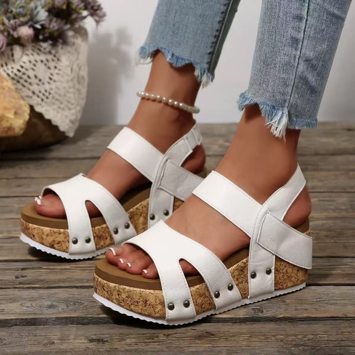 Y-R128 Women's rivet wedge heel elastic band sandals
