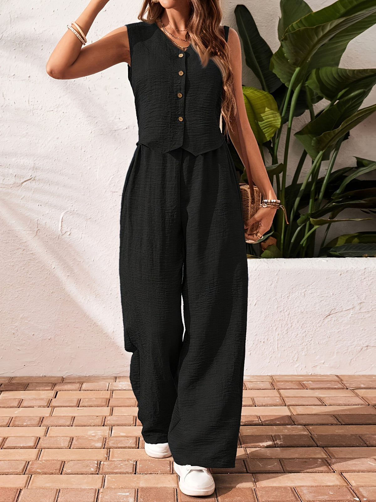 Y-R113 Two piece set of women's vest wide leg pants