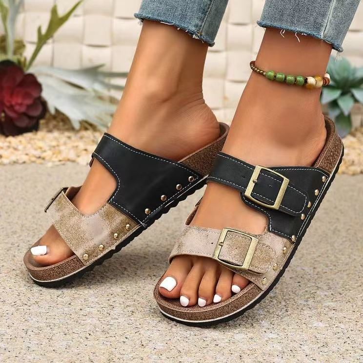 Y-R131 Belt buckle splicing color thick soled slippers