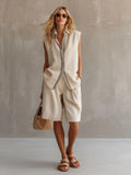 Y-R137 Summer women's single breasted sleeveless linen suit