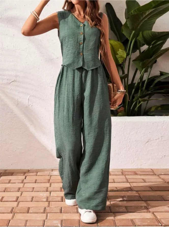 Y-R113 Two piece set of women's vest wide leg pants