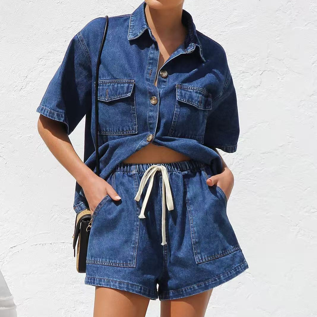 Y-R116 Women's loose denim short sleeved shirt two-piece set