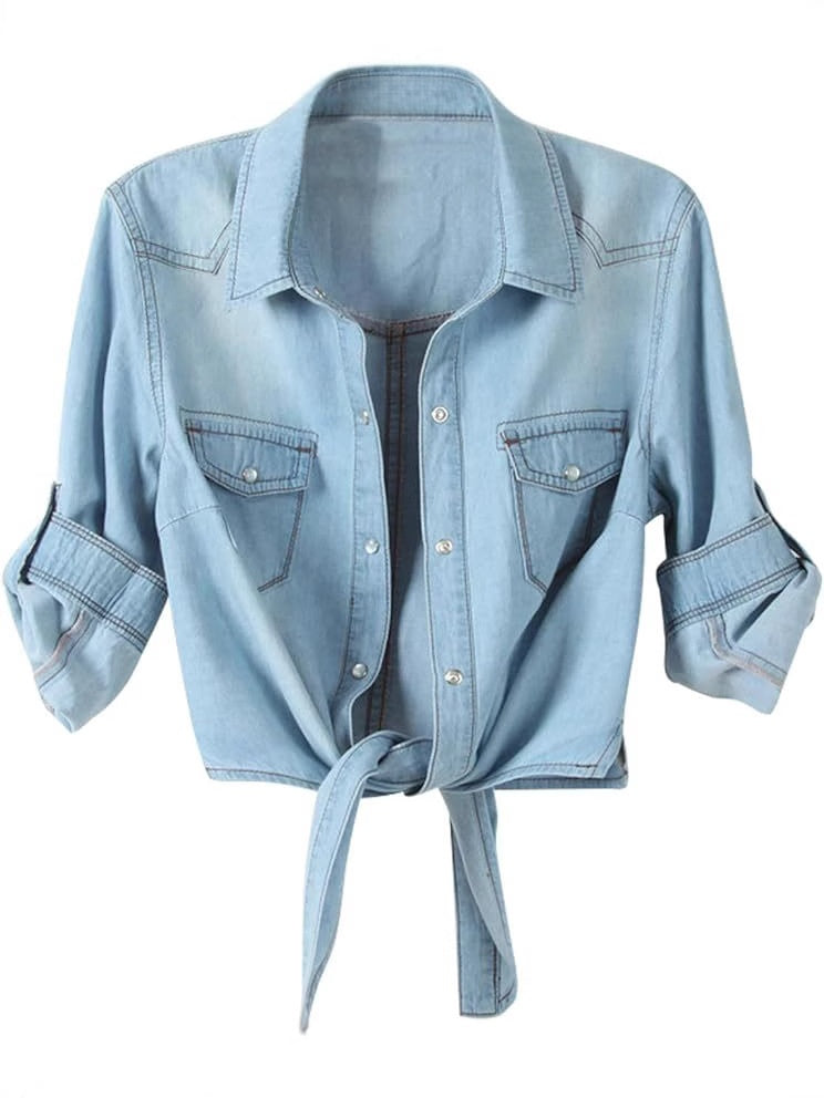 Y-R130 Women's lace up knotted mid sleeved denim short jacket