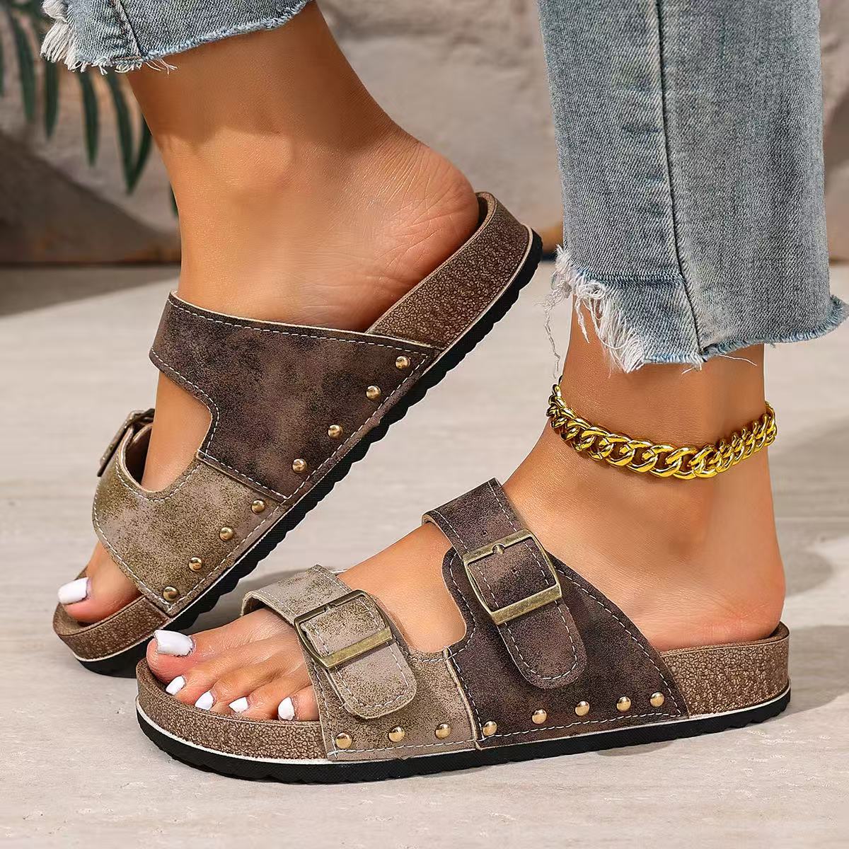 Y-R131 Belt buckle splicing color thick soled slippers