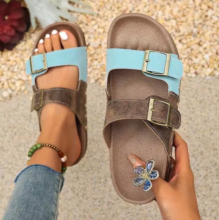 Y-R131 Belt buckle splicing color thick soled slippers