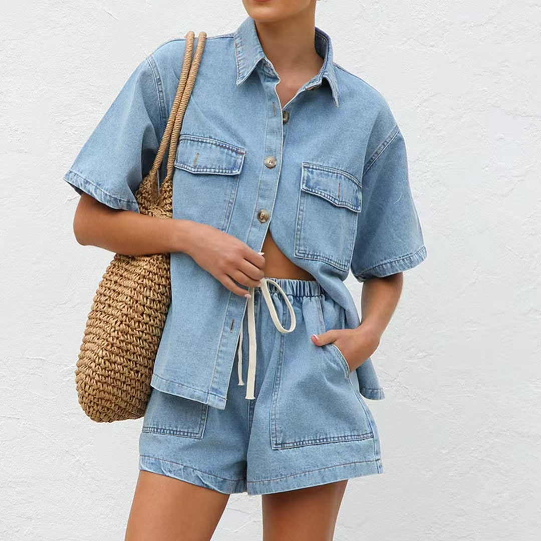 Y-R116 Women's loose denim short sleeved shirt two-piece set