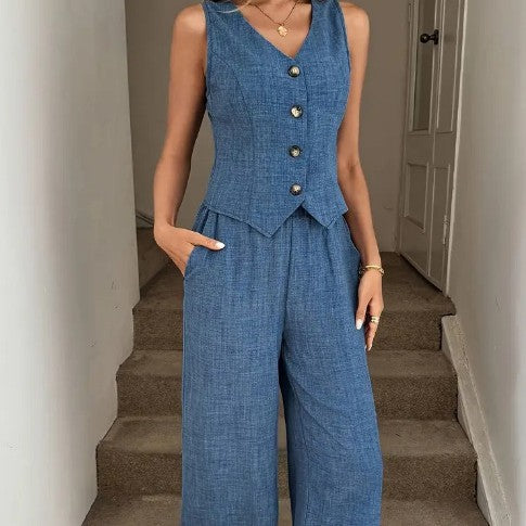 Y-R113 Two piece set of women's vest wide leg pants