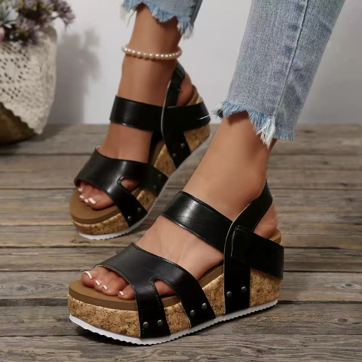 Y-R128 Women's rivet wedge heel elastic band sandals