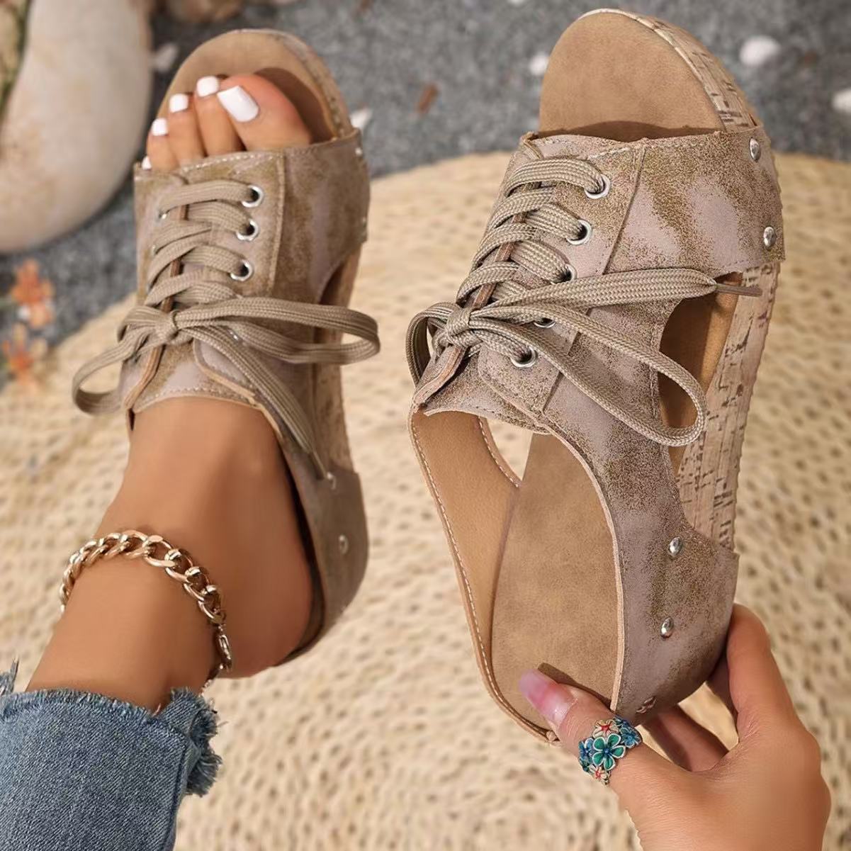 Y-R129 Lace up women's thick bottom slope and fish mouth slippers