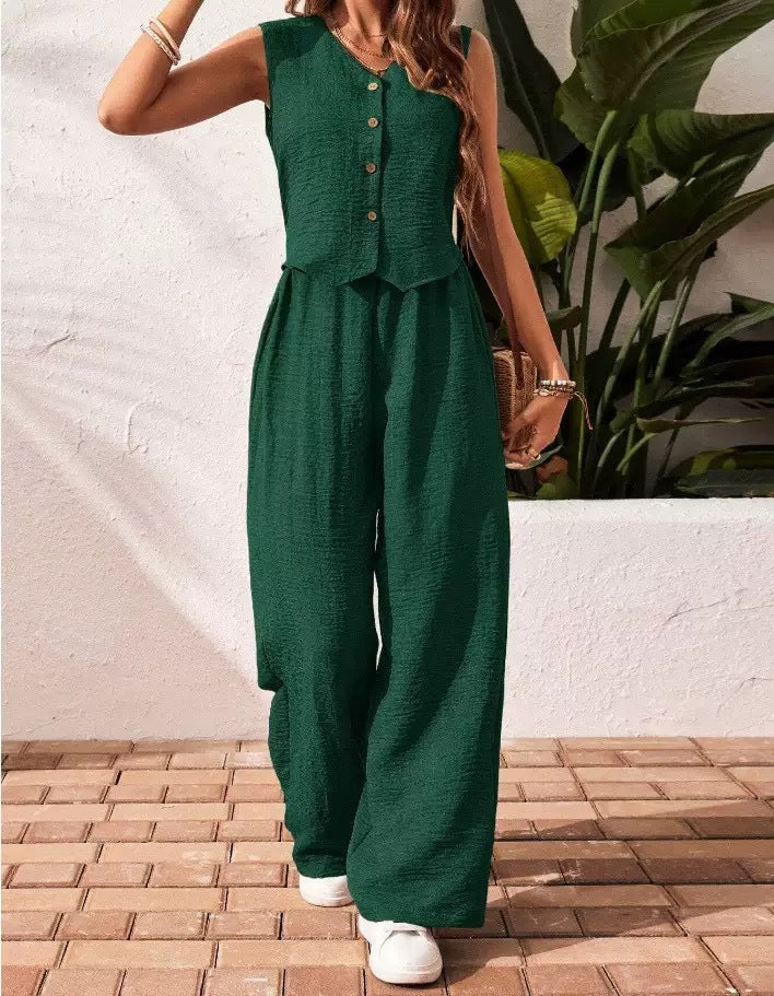 Y-R113 Two piece set of women's vest wide leg pants