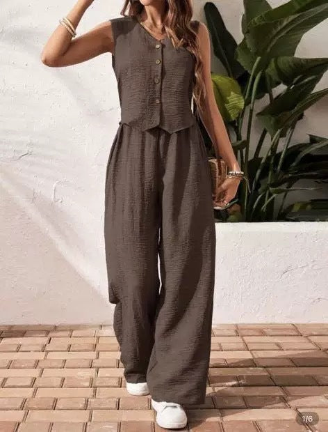 Y-R113 Two piece set of women's vest wide leg pants